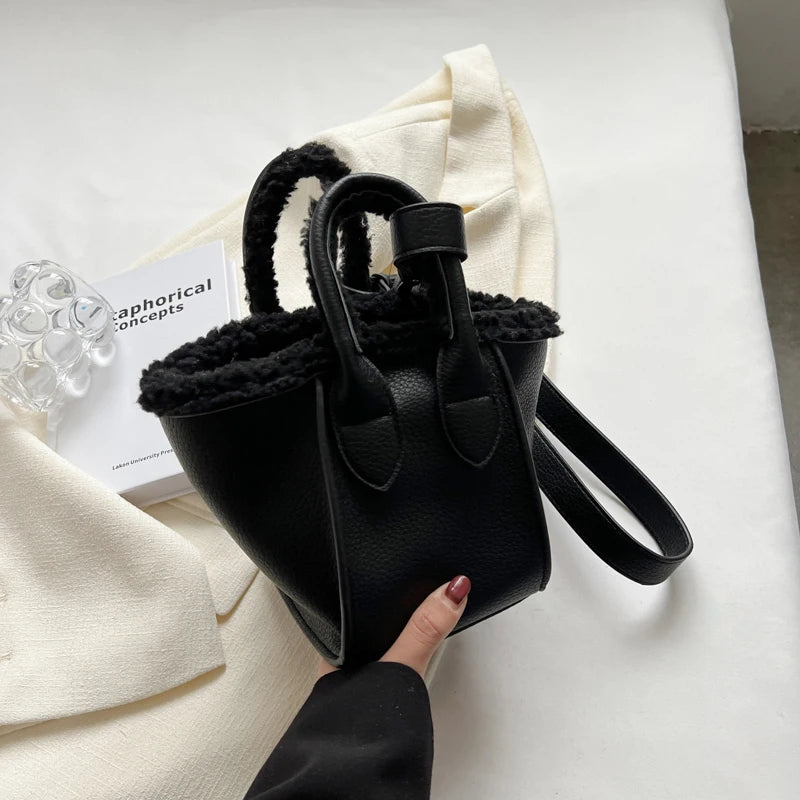 Autumn Winter Plush Bucket Bag PU Leather Tote Shoulder Bags
