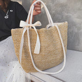 Straw Handbags with Bow Women Shoulder Bags Drawstring Shopping Bags