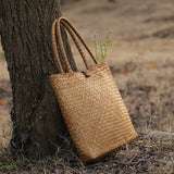 Vintage Women's Rattan Handbags Canvas Tote Bag Beach