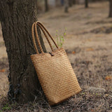 Vintage Women's Rattan Handbags Canvas Tote Bag Beach