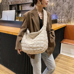 Large Capacity Lattice Pattern Shoulder Bag Space Cotton Handbag Women Tote Bags