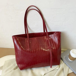 Large Capacity Leather Handbag For Women Big Shoulder Bags Wine Red