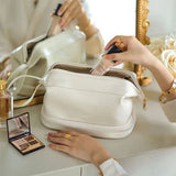 Large Capacity Makeup Bag, Double Layer Travel Cosmetic Bag Portable Leather