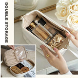 Large Capacity Makeup Bag, Double Layer Travel Cosmetic Bag Portable Leather