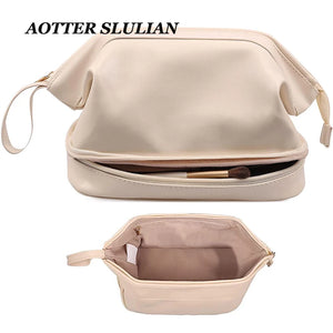 Large Capacity Makeup Bag, Double Layer Travel Cosmetic Bag Portable Leather