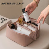 Large Capacity Makeup Bag, Double Layer Travel Cosmetic Bag Portable Leather