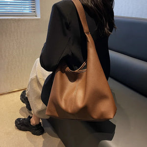 Large Capacity PU Leather Tote Bag Retro Style Women Shoulder Bag