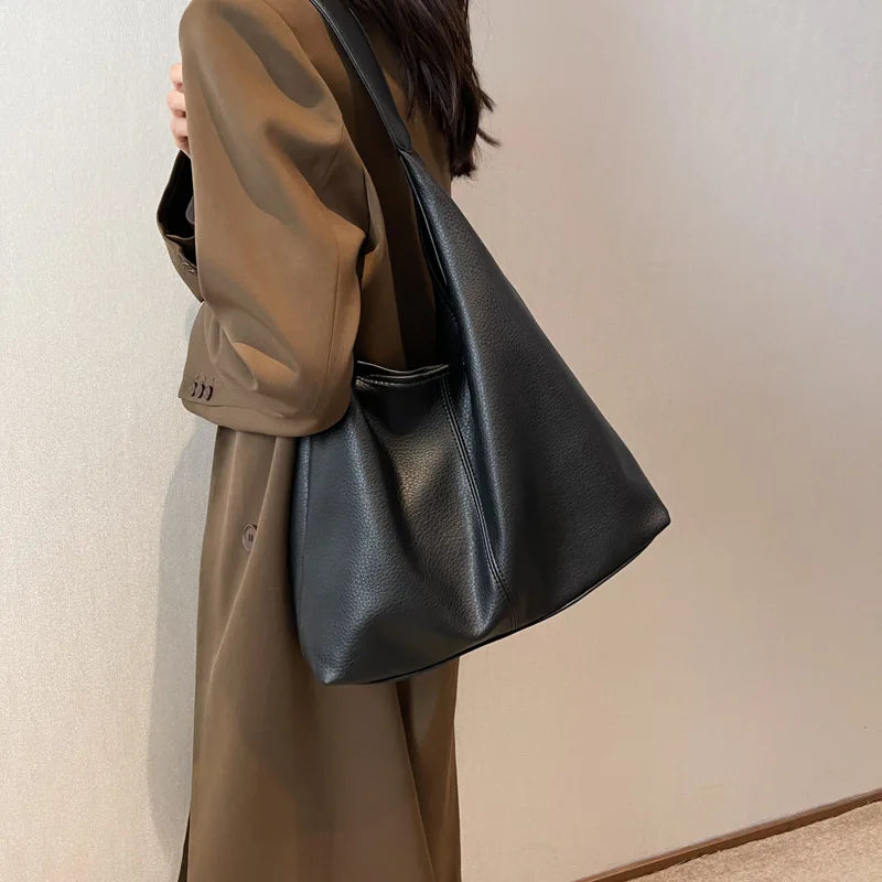 Large Capacity PU Leather Tote Bag Retro Style Women Shoulder Bag