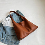 Large Capacity PU Leather Tote Bag Retro Style Women Shoulder Bag