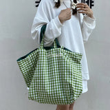 Plaid Reversible Shoulder Bag Canvas Tote Shopping Travel