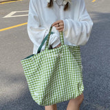 Plaid Reversible Shoulder Bag Canvas Tote Shopping Travel