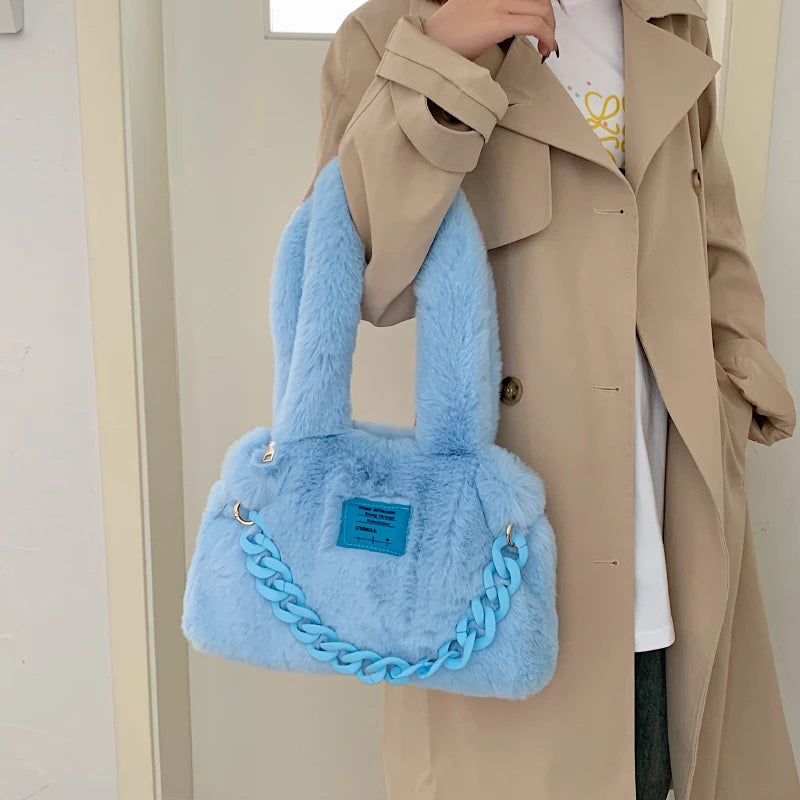 Large Capacity Plush Shoulder Bags Women Handbags Western Style