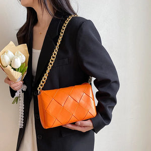 Large Capacity PU Braided Women's Shoulder Bag Thick Chain Casual Small Square B