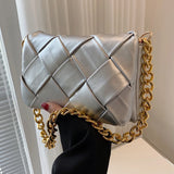 Large Capacity PU Braided Women's Shoulder Bag Thick Chain Casual Small Square B