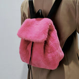 Large Capacity Rabbit Hair School Backpack Hot Girl Versatile Rose Red Schoolbag