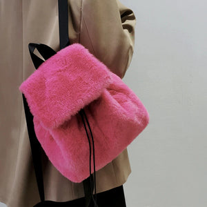 Large Capacity Rabbit Hair School Backpack Hot Girl Versatile Rose Red Schoolbag