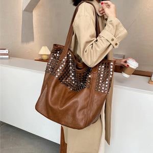 Large Capacity Rivet Shoulder Bag Soft PU Leather Totes Bag
