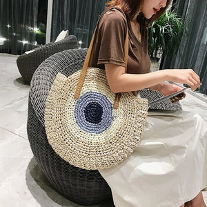 Round Straw Woven Shoulder Bag for Women