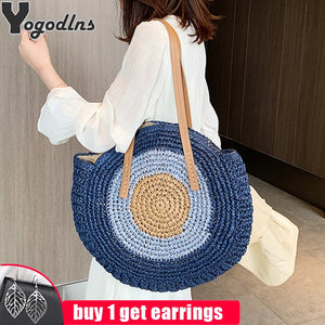 Round Straw Woven Shoulder Bag for Women