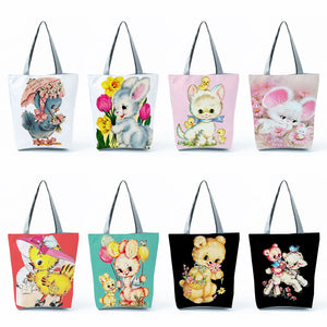 Large Capacity Cartoon Animal Print Tote Bag Shoulder Handbag for Girls