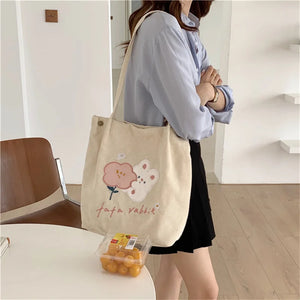Corduroy Rabbit Embroidery Shoulder Bag Large Capacity Casual Handbag