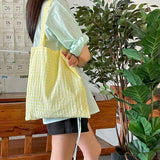Large Capacity Shoulder Bags Women Yellow Canvas Shopping Bag Plaid Panelled