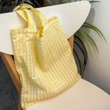 Large Capacity Shoulder Bags Women Yellow Canvas Shopping Bag Plaid Panelled