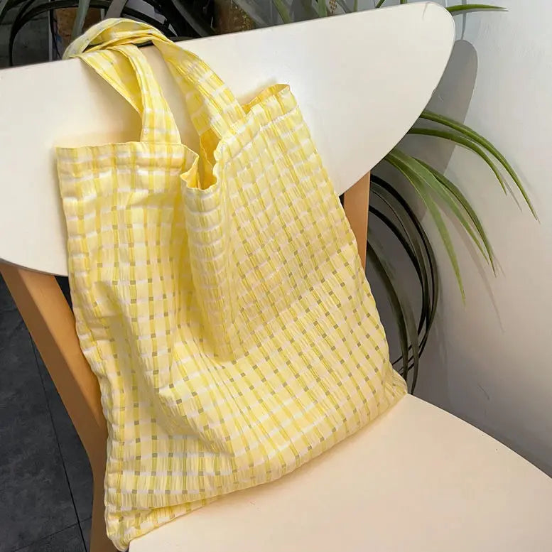 Large Capacity Shoulder Bags Women Yellow Canvas Shopping Bag Plaid Panelled
