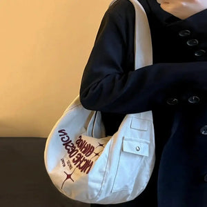 Khaki Canvas Shoulder Tote Bag with Letters Embroidery