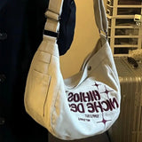 Khaki Canvas Shoulder Tote Bag with Letters Embroidery
