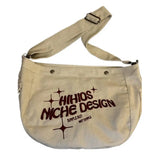 Khaki Canvas Shoulder Tote Bag with Letters Embroidery