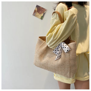 Large Capacity Weave Shoulder Bag Women Beach Holiday Ribbon Straw Tote