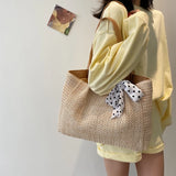 Large Capacity Weave Shoulder Bag Women Beach Holiday Ribbon Straw Tote