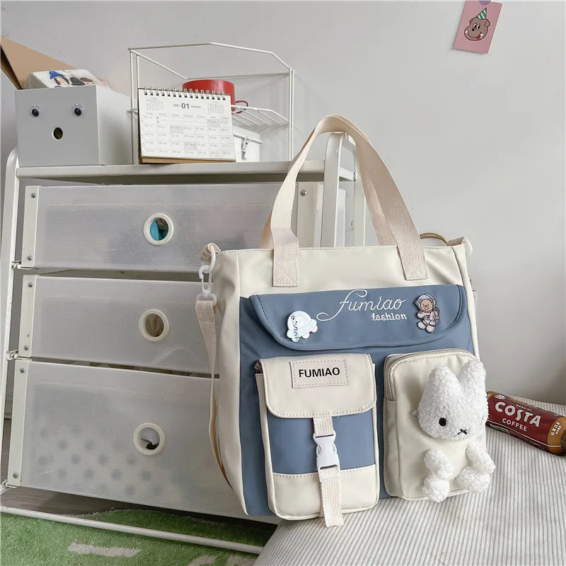 Large Capacity Nylon Patchwork Tote Bag for Teenage Girls