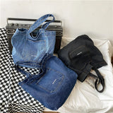 Denim Tote Bag for Women Large Capacity Travel Shoulder Handbag Winter