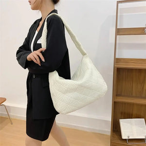 Large Capacity Warm Plaid Shoulder Bag for Women Lightweight Down Cotton