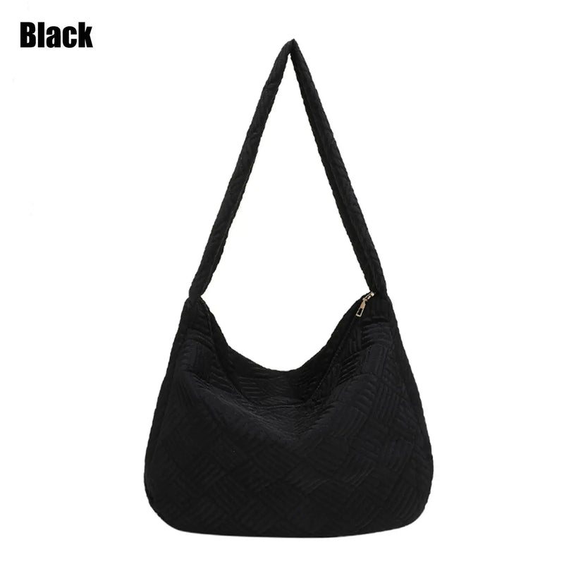 Large Capacity Warm Plaid Shoulder Bag for Women Lightweight Down Cotton