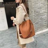 Large Capacity Women Bucket Bags Wide Shoulder Strap Matte Leather Handbags
