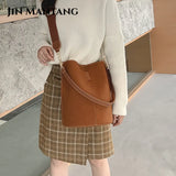 Large Capacity Women Bucket Bags Wide Shoulder Strap Matte Leather Handbags