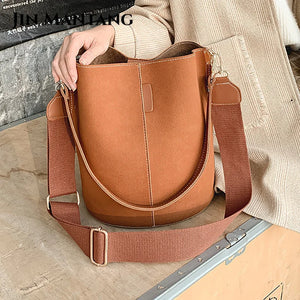 Large Capacity Women Bucket Bags Wide Shoulder Strap Matte Leather Handbags