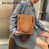 Large Capacity Women Bucket Bags Wide Shoulder Strap Matte Leather Handbags