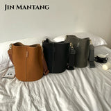Large Capacity Women Bucket Bags Wide Shoulder Strap Matte Leather Handbags