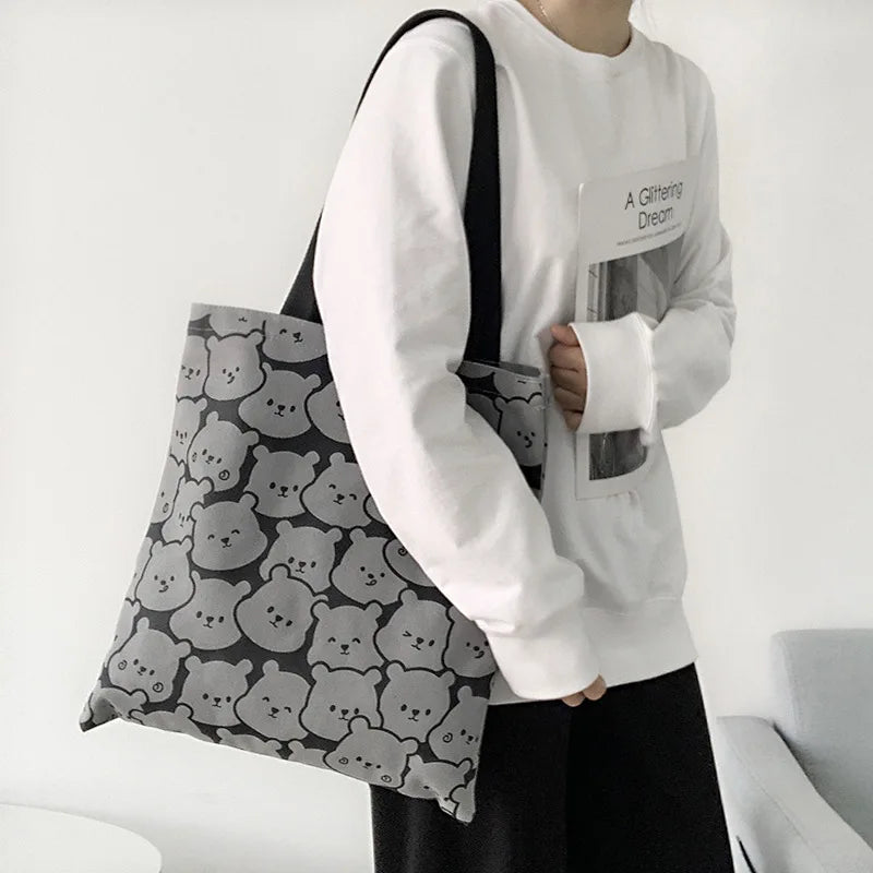 Large Capacity Women Canvas Shoulder Bags Bear Female Shopper Shopping Bag