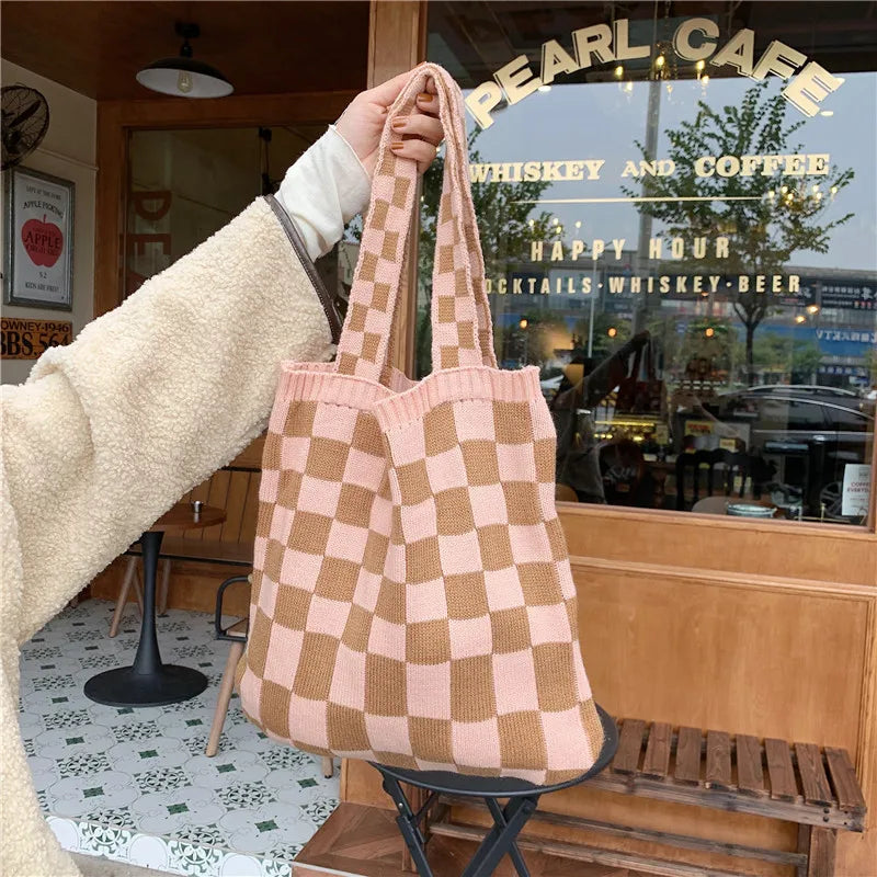 Large Capacity Women Knitted Checkerboard Bag Retro Shoulder Bags