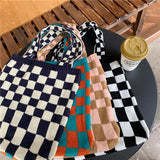 Large Capacity Women Knitted Checkerboard Bag Retro Shoulder Bags