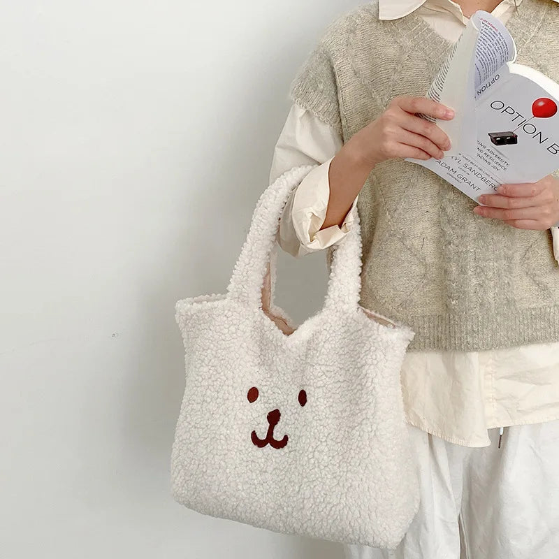 Large Capacity Women Lamb Wool Handbags Bear Female Furry Shoulder Bag