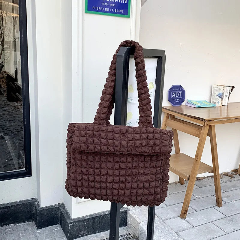 Large Capacity Winter Women Shoulder Bag Lightweight Handbag Solid Pleated Tote