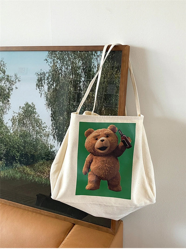Cartoon Bear Canvas Handbag Large Capacity Reusable Tote Bag for Women