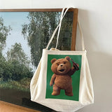Cartoon Bear Canvas Handbag Large Capacity Reusable Tote Bag for Women