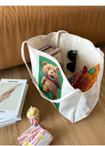Cartoon Bear Canvas Handbag Large Capacity Reusable Tote Bag for Women